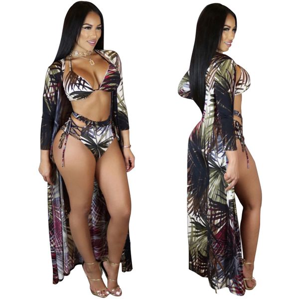 

2020 women explosion models leaves printed blouse sunscreen waipi halter straps split swimsuit female three-piece fitted, White;black