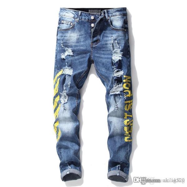 

new fashion mens designer ripped biker jeans hip hop patchwork slim fit blue moto denim joggers mens distressed pants size 30-36