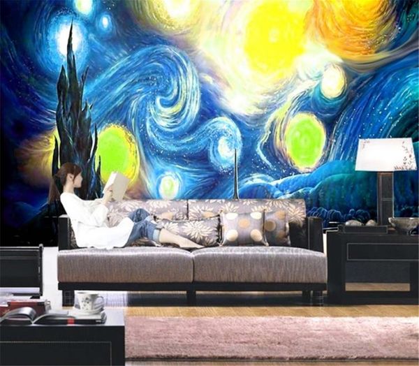 Duvar kağıdı Promosyon Süper Temizle Van Gogh'un Yıldızlı Oturma Odası Yatak Odası TV Arka Plan Duvar Duvar kağıdı