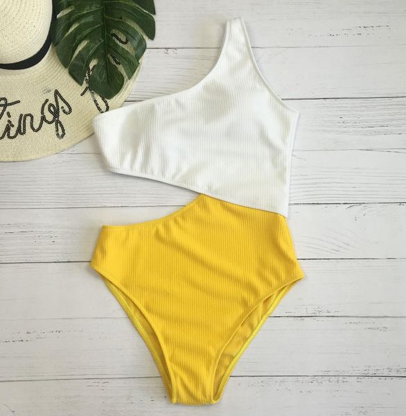 

2019 new european and american solid color one shoulder hollow women's one-piece swimsuit, Black;white