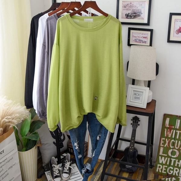 

тонкая свободная футболка женщины с длинным рукавом 2020 лето прозрачный негабаритных футболка femme твердые уютный прохладный футболка белы, White