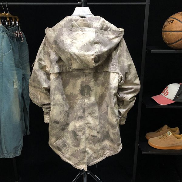 

mens spring camouflage long jacket fashion loose hooded tactical windbreaker male streetwear hip hop zipper coats s-2xl, Black;brown