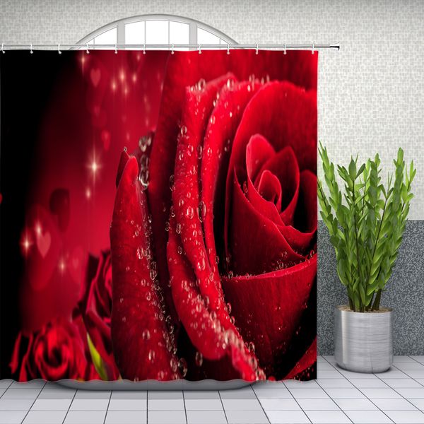2019 Red Rose Shower Curtain Floral Water Drops Couple Bathroom