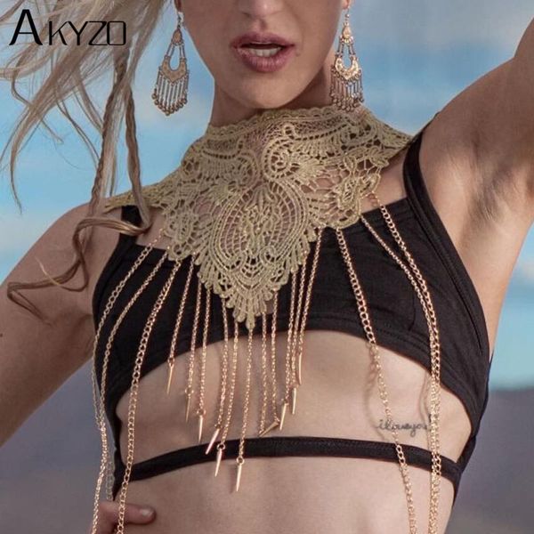 

women's tanks & camis akyzo 2021 fashion festival wear lace tassel crop women hollow out metal chain nightclub party burning wild tank, White