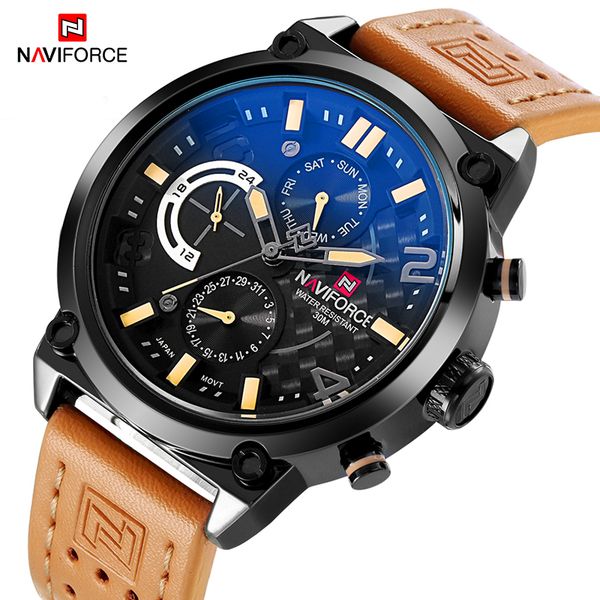 

naviforce men's fashion sports watches genuine leather quartz wrist watch for men waterproof clock relogio masculino, Slivery;brown