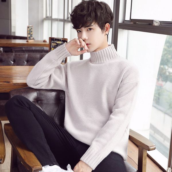 

2019 sets new men sweater half a turtleneck pure color render sweater, White;black