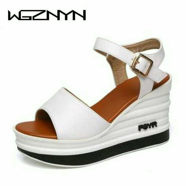 

2020 summer new shoes woman sandals leather high heel wedge female sandals sponge cake with open toe thick female shoes w205 y200702, Black