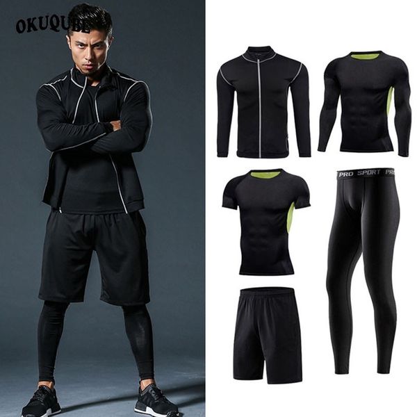 

men sportswear elastic sport suits breathable tracksuit jogging training gym fitness workout clothes quick dry running set male, Black;blue