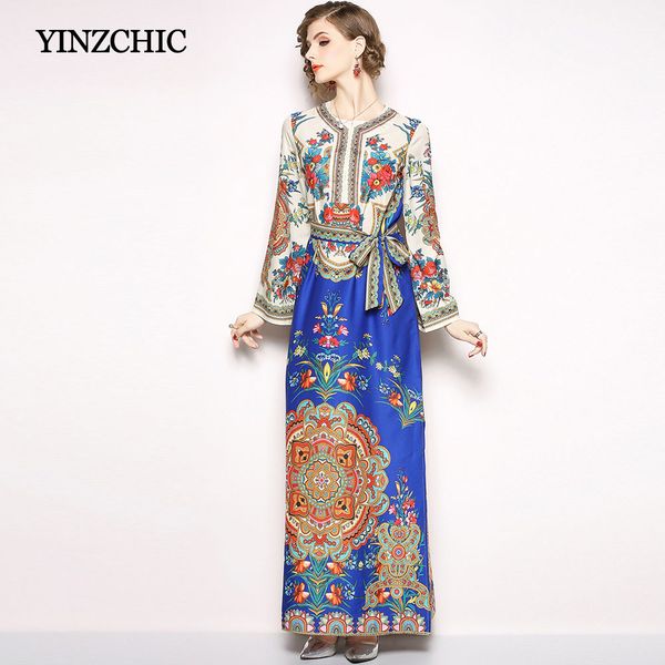

Vintage Womans Autumn Printed Dress O-Neck Female Furcal Maxi Loose Dress Full Sleeve Autumn Long Party Woman