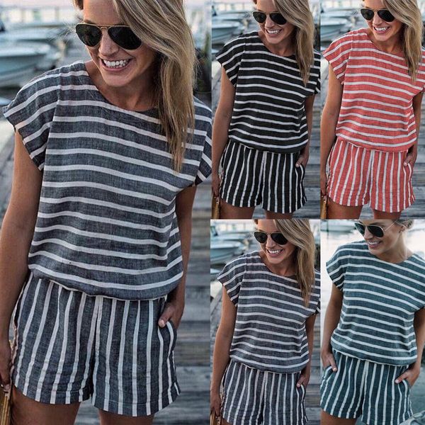 

striped casual loose playsuit women short sleeve backless daily playsuit office summer beach holiday jumpsuit body mujer#ssw, Black;white