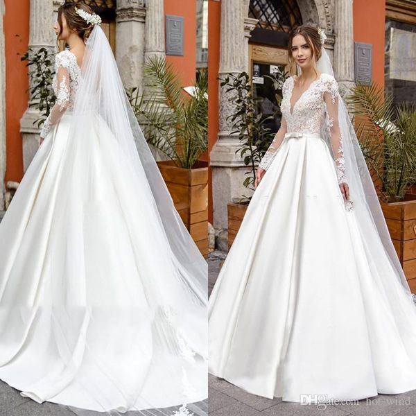 

elegant a line satin wedding dresses illusion v neck lace appliques long sleeves pleated wedding dress with bow bridal gowns vestidos, White
