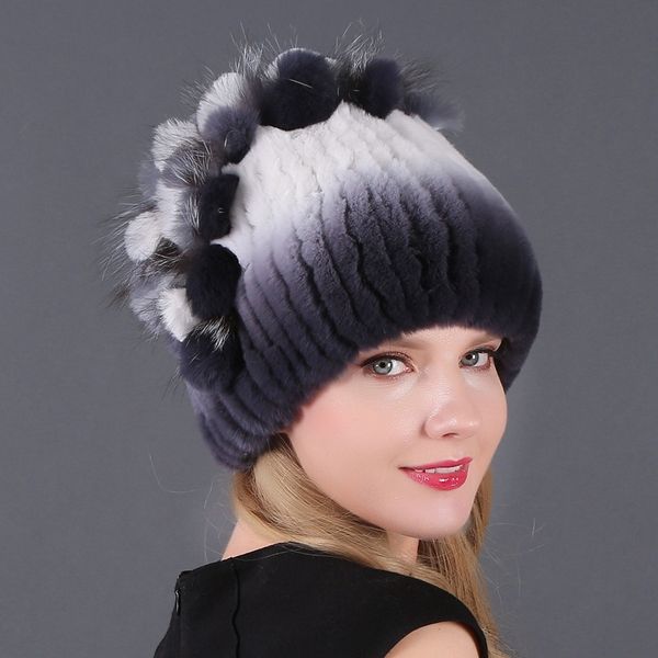

women's winter warm thickened rex rabbit wool wool fur hat knitted belt side flower hat, Blue;gray
