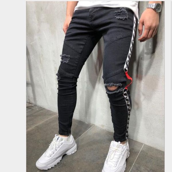 

mens jeans streetwear new casual style ribbon hole pencil pants slim zip asian size s-3xl ing, Blue