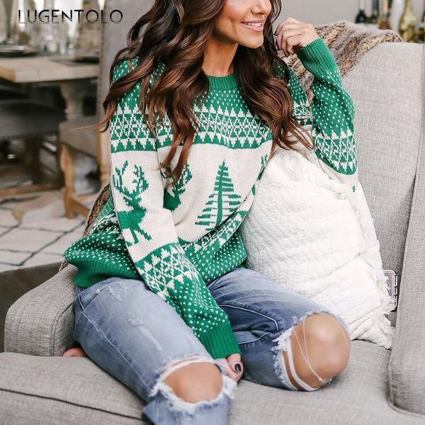

lugentolo sweater women christmas deer autumn winter loose bottoming knitting casual snowflake print cozy lady street sweaters, White;black