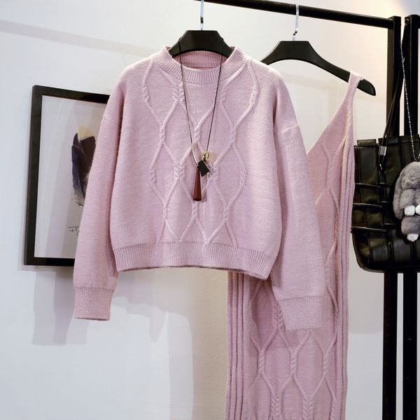 

round collar women's two-piece suit sweater 2020 lazy wind thickened suit base knitted sweater dress fashion, White