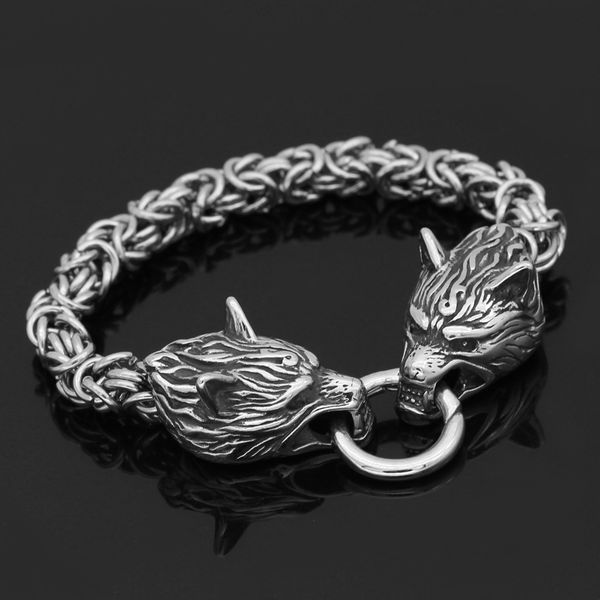 

norse men stainless steel king chain viking wolf head bracelet 17 19 21 23 25 cm, Black