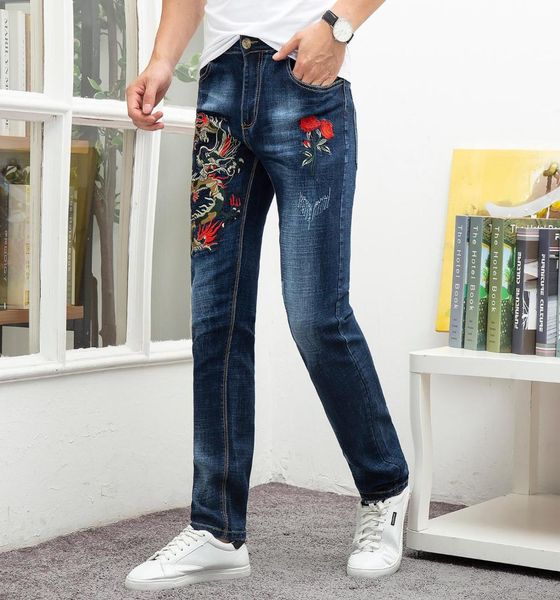 

2019 floral jeans men blue embroidery ripped distressed straight plus size 29-38 homme denim trousers male pants