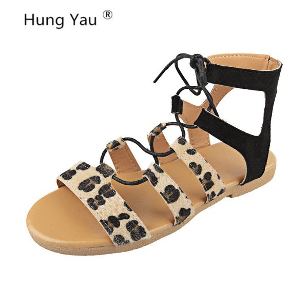 

women flat sandals ladies summer fashion casual shoes cross strap woman brown black leopard ankle wrap sandals plus size 35-43