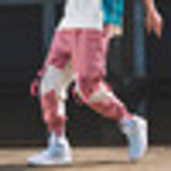 

streetwear casual men joggers pants cotton ribbons hip hop pockets harem men trousers ankle length patchwork man sweatpants, Black