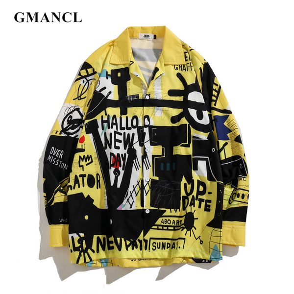 

new men autumn loose high street hiphop style graffiti printed long sleeve shirts male oversized casual camisas hombre, White;black