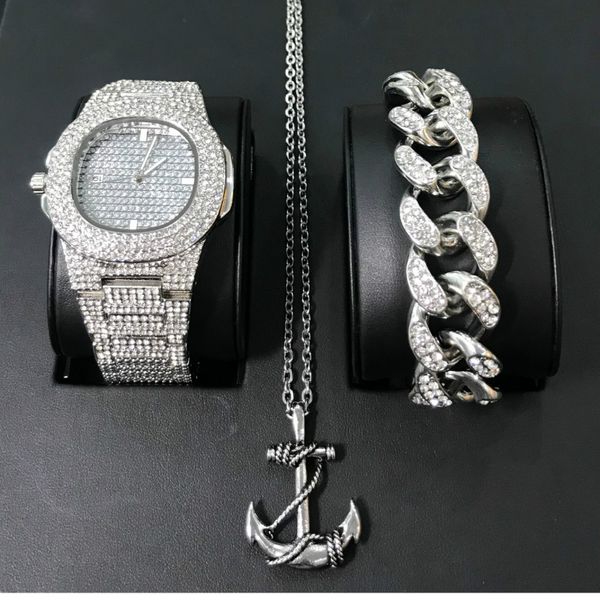 

luxury men hip hop diamond jewelry watch & bracelet & necklace combo set watch diamond cuban ice out anchor pendant necklace set, Slivery;brown