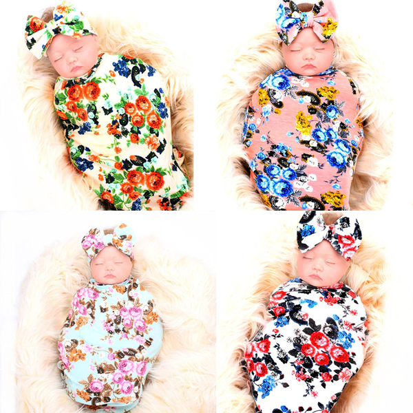 

2pcs newborn floral printed blanket bow-knot headband set infants wrapped towel hair band for baby shower birthday gifts
