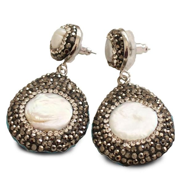 

1 pair natural white dangle earrings baroque pearls paved cz crystal rhinestone shell beads handmade jewelry earrings gift, Silver