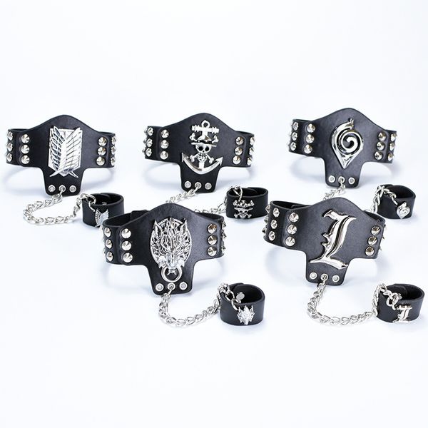 

mixed wholesale jewelry leather punk bracelet attack on titan black butler final fantasy one piece luffy naruto charm bracelet, Golden;silver