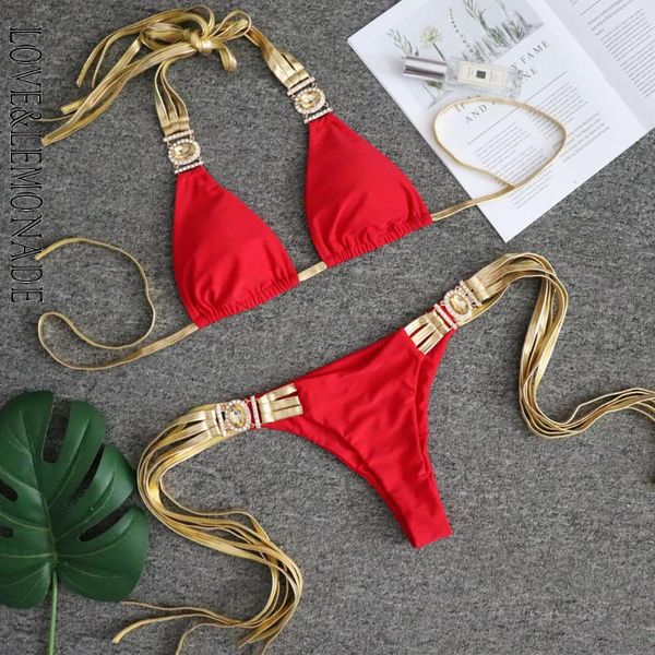 

love & lemonade gold band women's bikini with rhinestone jewelry lmsw26, White;black