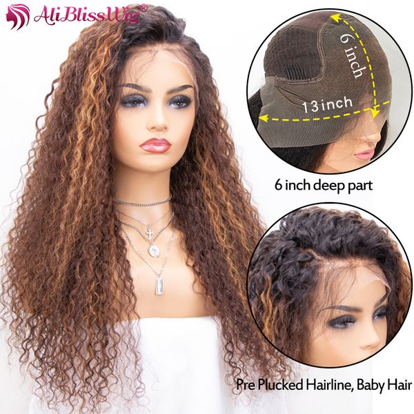 

13x6 ombre 613 honey blonde highlight colored lace front human hair wigs for women curly human hair wig lace front wig remy 150%, Black;brown