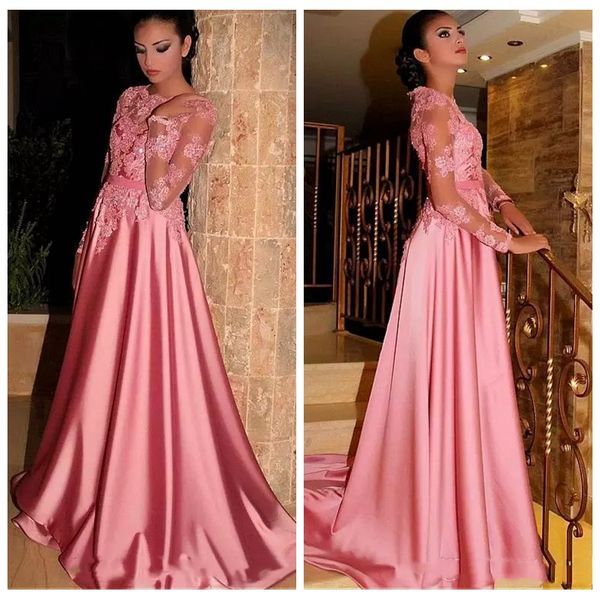 

2019 arabic a-line prom dresses jewel neck long sleeves lace appliques sweep train beaded plus size evening dress party pageant gowns, Black