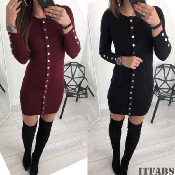 

women winter casual long sleeve o-neck knitted button sweater dresses ladies autumn knitwear solid burgundy black mini dress, Black;gray