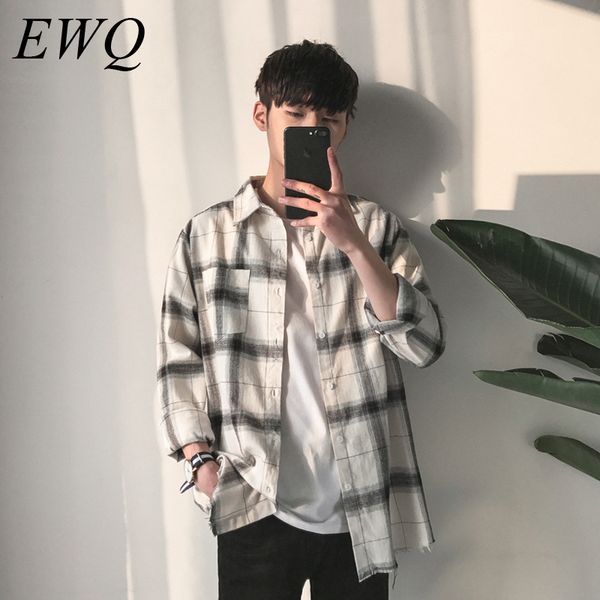 

men's casual shirts ewq 2021 spring long sleeve lapel shirt loose slim vintage plaid printing all-match male he089, White;black