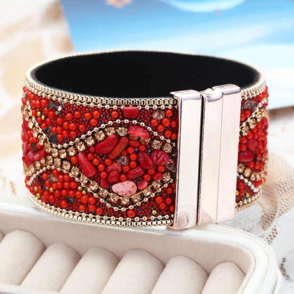 

minhin 6 colors ethnic wrap bracelet bangles for women full natural stone crystal beads charm bracelets gift leather bracelet, Golden;silver