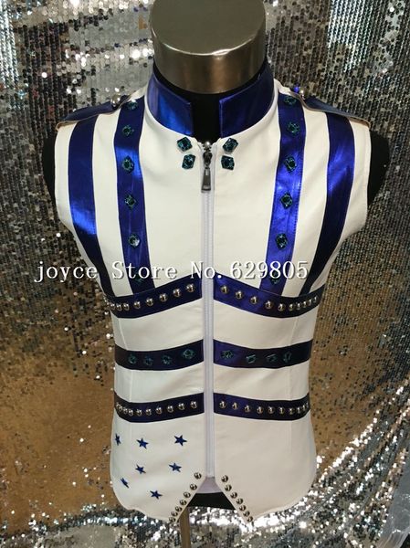 

hiphop jazz white zipper blue leather vest jacket male singer outfit costume rhinestone punk ds dj outerwear nightclub clothing, Black;white