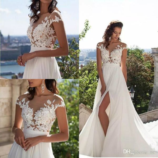 

сексуальная иллюзия свадебные платья jewel cap рукава кружева аппликации сплит свадебные платья на заказ развертки поезд пляж-line свадебное, White