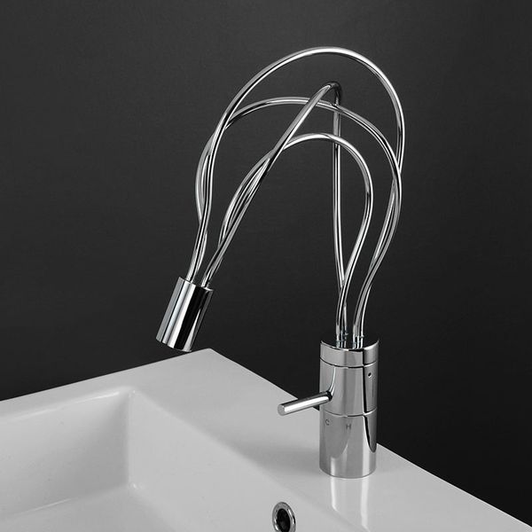 

Chrome Plated Brass Bathroom Basin Faucet LED Light Twining Pipe Design One Hole Deck Mounted Cold And Hot Water Mixer Tap