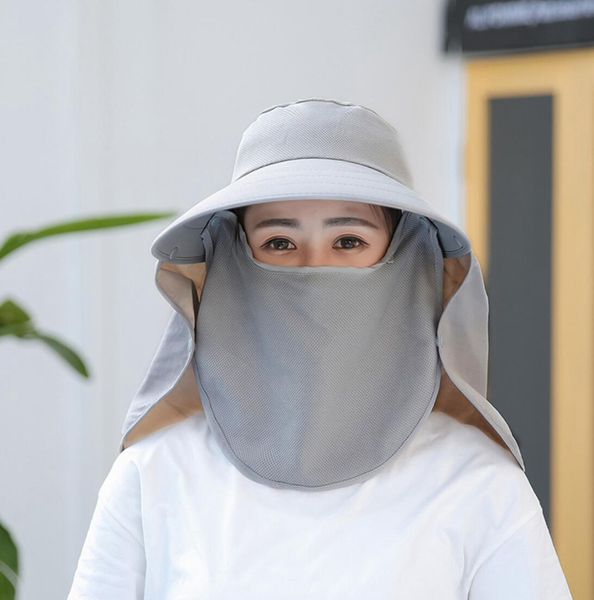 

women mask wide brim hat 5 colors full mask summer uv protection face neck flap cap outdoor solid bucket hat ljjo7648, Blue;gray