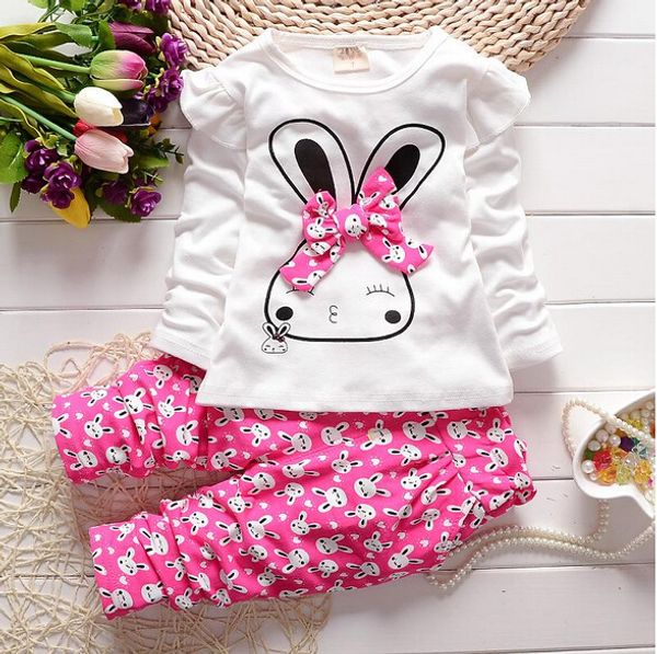 

2018 baby girl clothes cartoon bow infant t shirt pants cotton two piece long sleeve outfit suit toddler kids girls clothing set, White