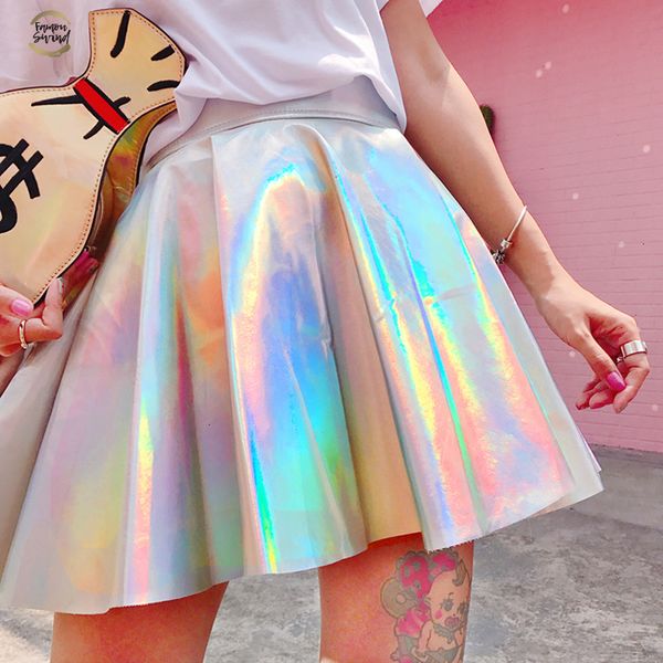 

pleated holographic skirts women pu solid harajuku casual laser hight waist micro mini short jk skirts women rainbow, Black