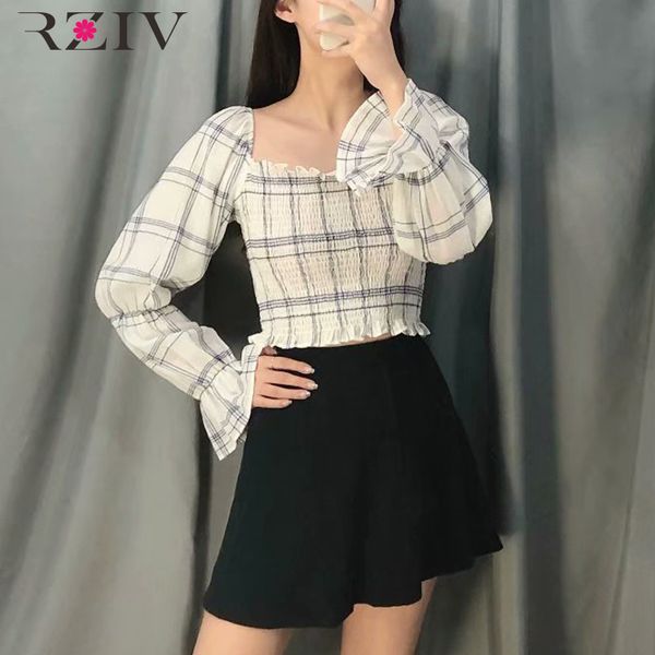 

rziv summer casual plaid shirt female shirt slim elastic band, White