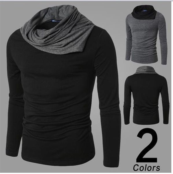 

incline heaps collar man t-shirt men sweatshirt matching color long sleeve pullover fashion casual mens t shirts t26, White;black