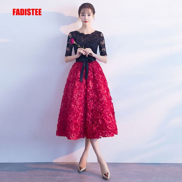 

new arrival elegant evening party prom dresses vestido de festa gown a-line satin robe de soiree half lace sleeves, Black;red