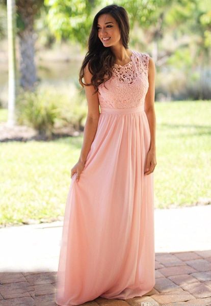 Longo blush rosa renda de chiffon dama de dama de honra vestidos de pescoço de pescoço com zíper tampo do chão da madrugada de casamento Vestidos de convidado Hy166