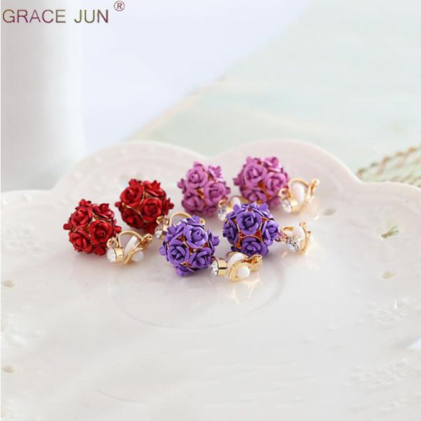 

grace jun rose flower ball shape clip on earrings for women fashion bridal wedding elegant cuff earrings not allergy, Silver