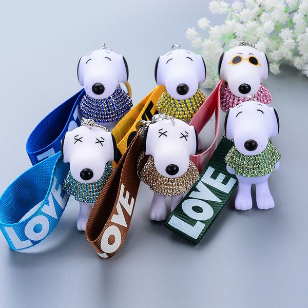 

creative cute love ribbon inlaid rhinestone cartoon dog keychain vinyl car bag pendant designer doll keyring couple jewelry holiday gift, Slivery;golden