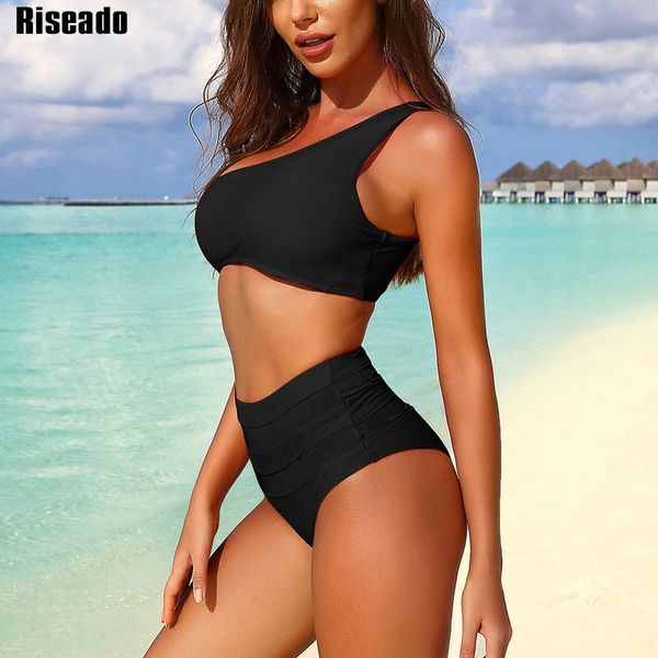 

riseado new one shoulder bikinis mesh swimsuit women push up swimwear solid high waisted biquini summer beach wear