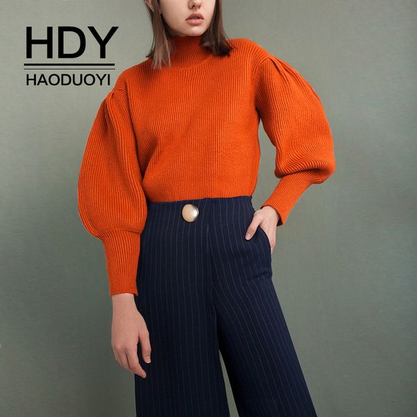 

hdy haoduoyi autumn fashion trend retro personality simple loose solid color half-high collar lantern sleeve bottoming sweater, White;black