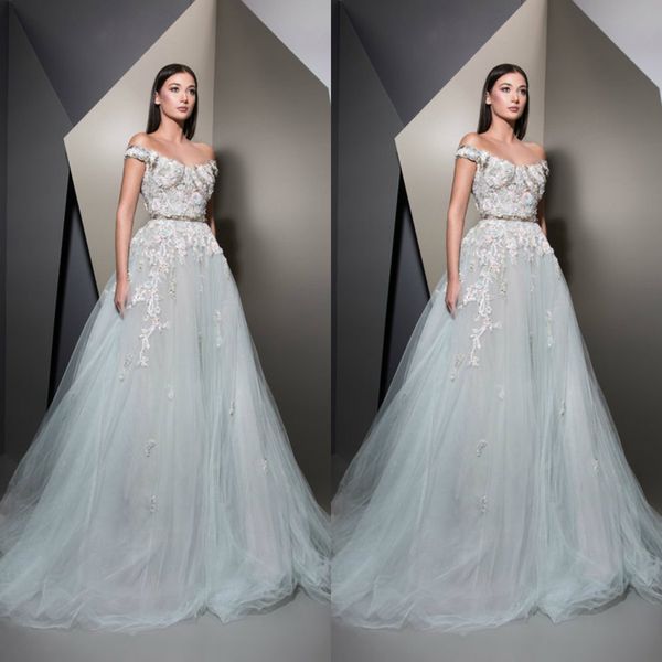 

ziad nakad 2019 evening dresses off shoulder lace beaded illusion sleeveless prom gowns luxurious custom made tulle a line party dresses, Black;red