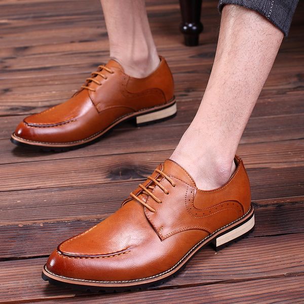 

2019 spring men leather shoes fashion lace-up business shoes formal men's flats black yellow wedding oxfords for men